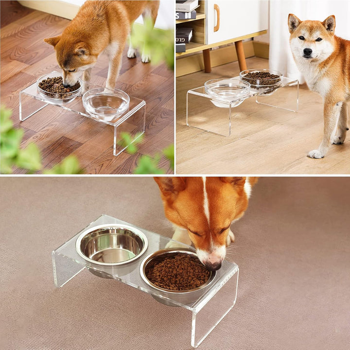 Erhöhter Futternapf für Hunde und Katzen, aus Acryl, mit 2 abnehmbaren Glasnäpfen und 2 Edelstahlnäp
