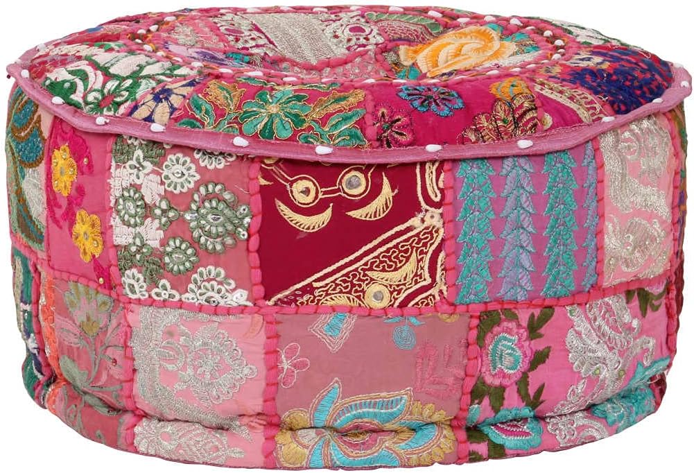 TEWTX7 Patchwork-Fusshocker mit Exquisiten Stickereien Besetzt, Handgefertigt Patchwork Rund Puffhoc