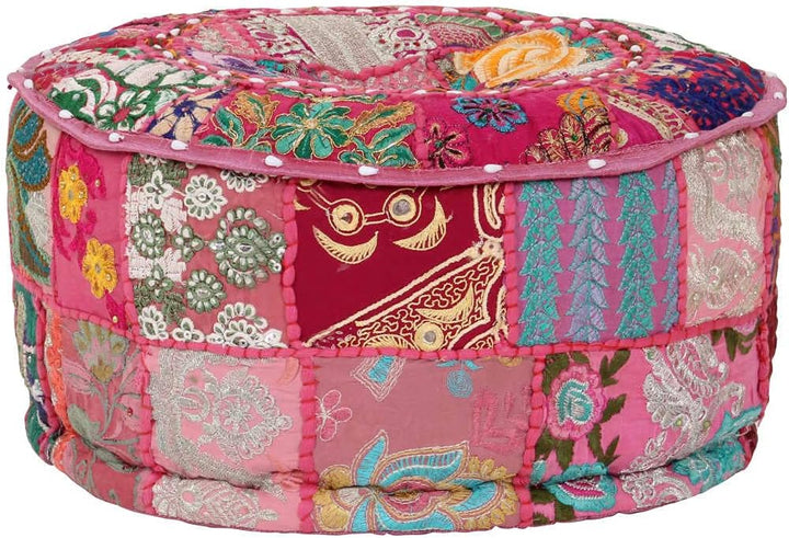 TEWTX7 Patchwork-Fusshocker mit Exquisiten Stickereien Besetzt, Handgefertigt Patchwork Rund Puffhoc