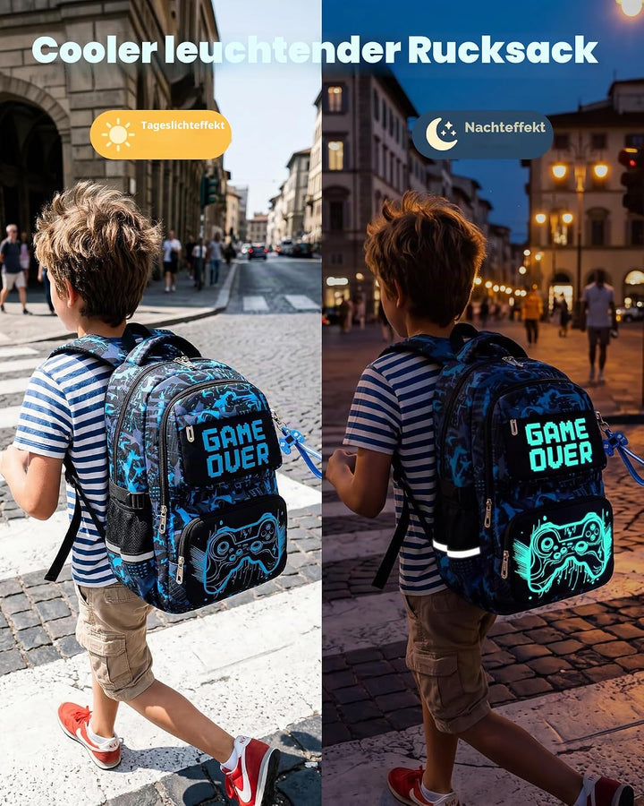 Amythe Schulrucksack mit Rollen für Jungen, Grosser Leuchtstoff Trolley-Rucksack mit 6 Räder, Wasser