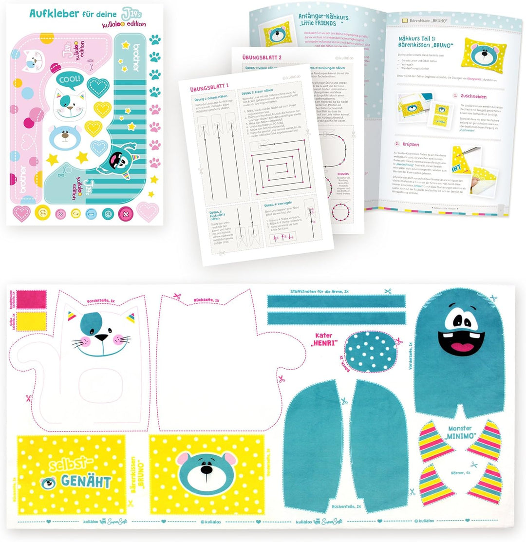 Brother J14s Kindernähmaschine kullaloo Edition inkl. Fingerschutz, Stickerbogen & Anfänger-Nähset K