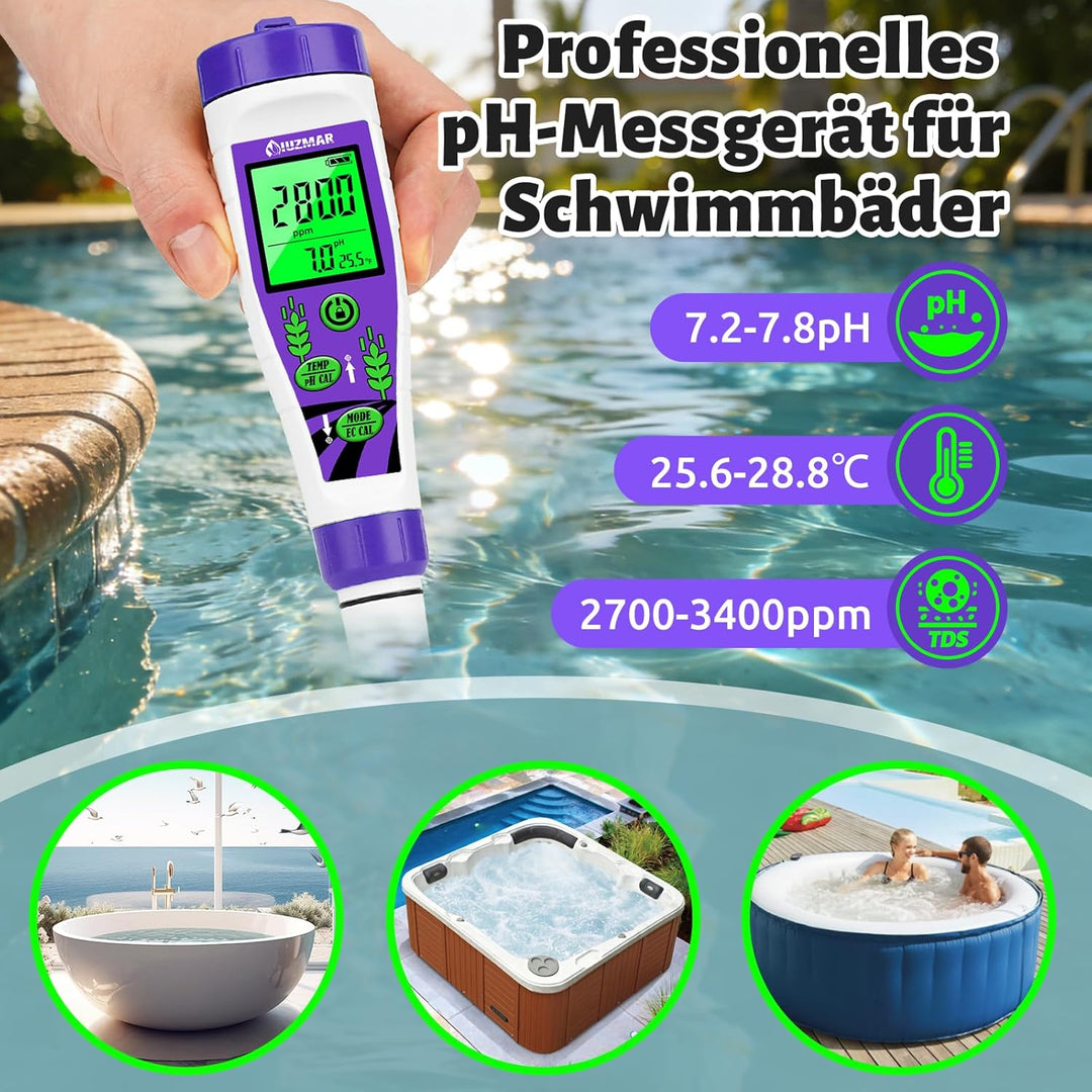 pH EC Messgerät für Wasser Hydrokultur, Digitales pH TDS Messgerät für Trinkwasser mit Simultaner An