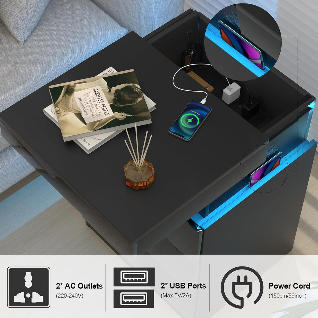Lvhecforhm Nachttisch mit Ladestation, Nachttisch mit LED Licht, Nachttische mit USB Anschlüsse, Sch