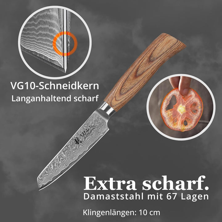 Wakoli EDIB Pro Gemüsemesser aus Damaststahl (VG10 Kern) mit 10 cm Schälmesser Klinge – scharf & erg