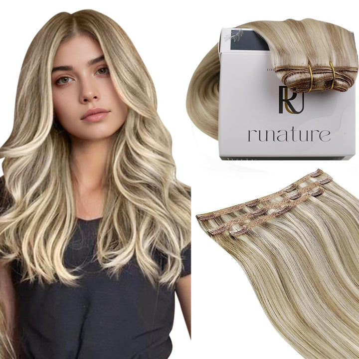 RUNATURE Echthaar Extensions Clip in Remy Haar Clip in Seidig Echthaar Aschbraun mit Platinblond Cli