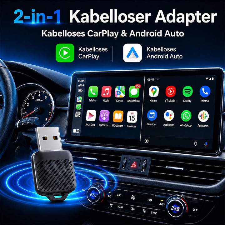 2-in-1 Wireless CarPlay &amp; Android Auto Adapter, Mini Plug &amp; Play Dongle mit USB-A &amp; USB-C, Wandelt k