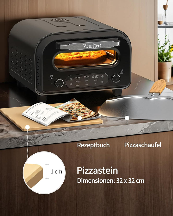 Elektrischer Pizzaofen - bis 450℃, 5 voreingestellte Pizzaarten, 1-60 Min Timer, Touchscreen & Drehr