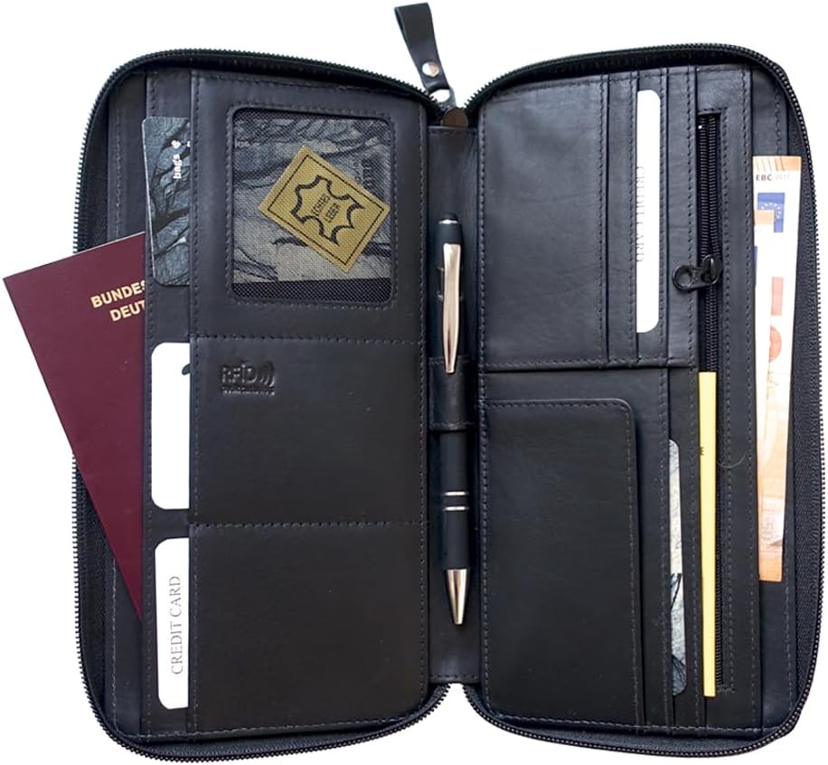 stilvoller Reise-Organizer Leder, Reisepass-Tasche Leder schwarz Reise-Passhülle, Reisemappe, Dokume