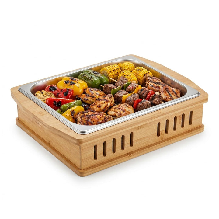 Tragbare Warmhalteplatte für Grillgut mit Edelstahlauflage 32,5x26,5x4cm | Leicht zu Reinigende BBQ