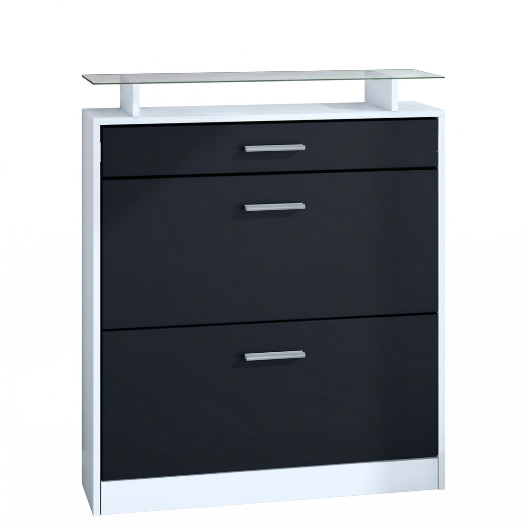 Vladon Schuhschrank Loret 89 x 104 x 23 cm Schuhkipper für 16 Paar Schuhe mit 1 Schublade, 1 Glasabl