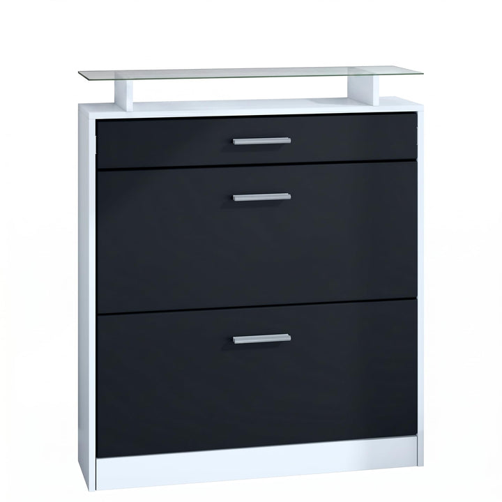 Vladon Schuhschrank Loret 89 x 104 x 23 cm Schuhkipper für 16 Paar Schuhe mit 1 Schublade, 1 Glasabl