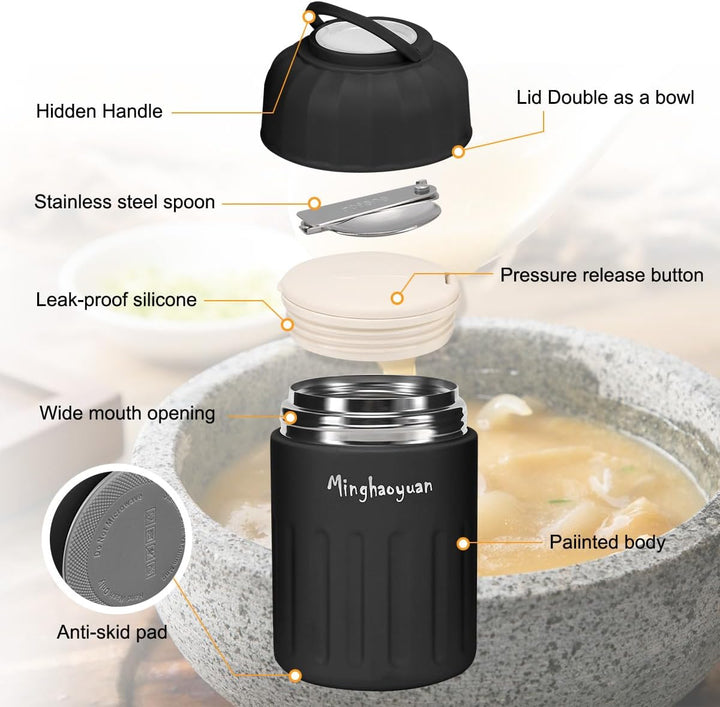 Thermobehälter für Essen, 600ml Edelstahl Thermobecher Essen mit Löffel, 100% auslaufsicher, Warmhal
