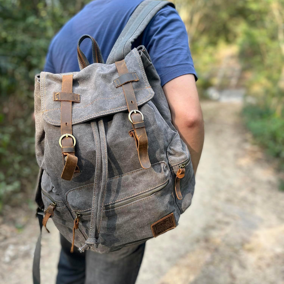 Retro Segeltuch Rucksack, Canvas Vintage Rucksack Laptop Daypack Schulrucksack Reisetasche Lederruck