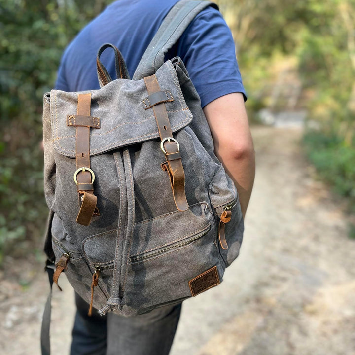 Retro Segeltuch Rucksack, Canvas Vintage Rucksack Laptop Daypack Schulrucksack Reisetasche Lederruck