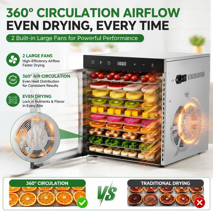 800 Watt Dörrautomat, Food Dehydrator mit 10 Edelstahlschalen LED Touch Control Design, Einstellbare