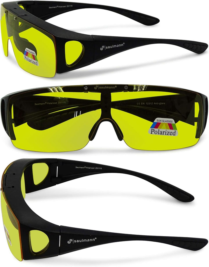 Saulmann® Polarisierte Unisex Flip-UP Überzieh Blendschutzbrille - Kontrast Outdoor- & Nacht Fahrbri