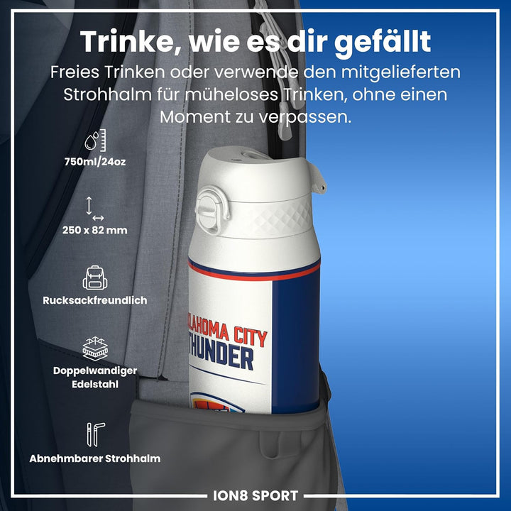 NBA Oklahoma City Thunder Trinkflasche Mit Herausnehmbarem Strohhalm, 750ml/24oz, Auslaufsichere Iso