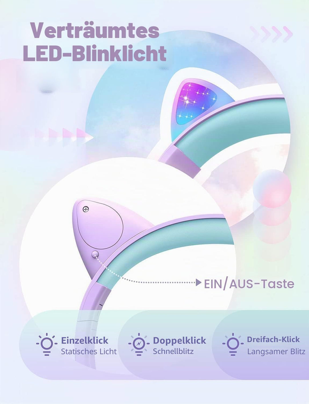 iClever Kinder Kopfhörer, Katzenohr-LED-Leuchte Over-Ear mit 85dBA Lautstärkebegrenzung Faltbare HD