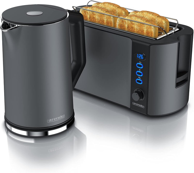 Arendo Wasserkocher und Toaster SET Edelstahl Cool Grey Wasserkocher 1,5L 40° -100° Warmhaltefunktio