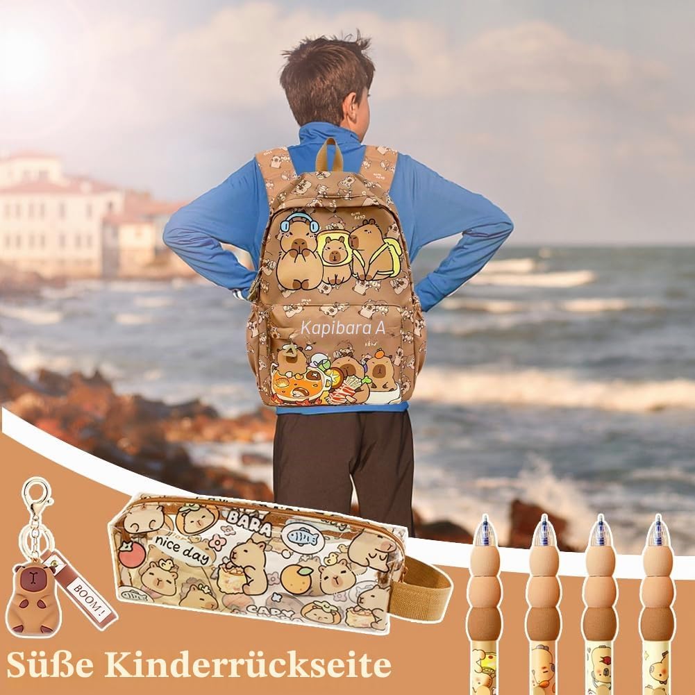 Capybara Rucksack Set, Schulrucksack Grosse Kapazität mit Capybara Federmäppchen, Stiften & Schlüsse