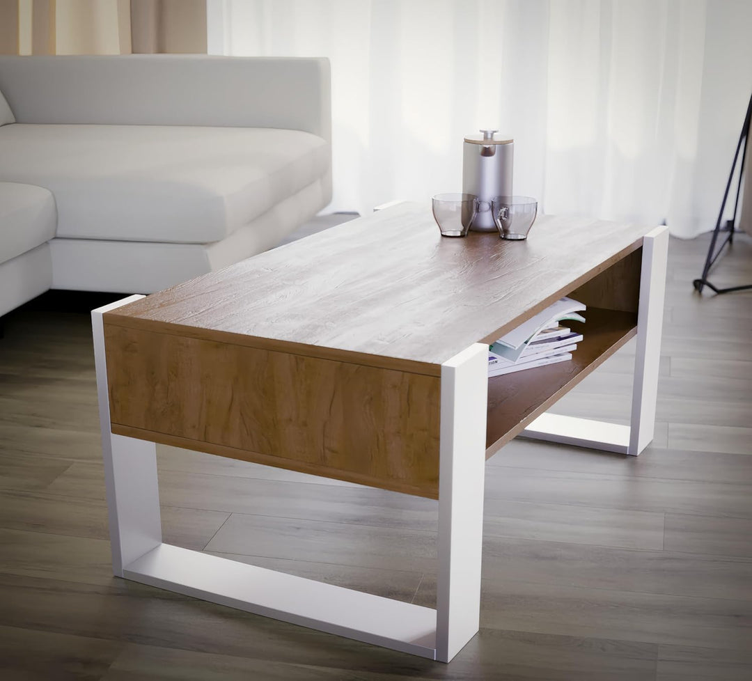 defiPad® Grosser Couchtisch mit Stauraum | Modern Wohnzimmertisch Eiche | 92CM Breite Kaffeetisch |