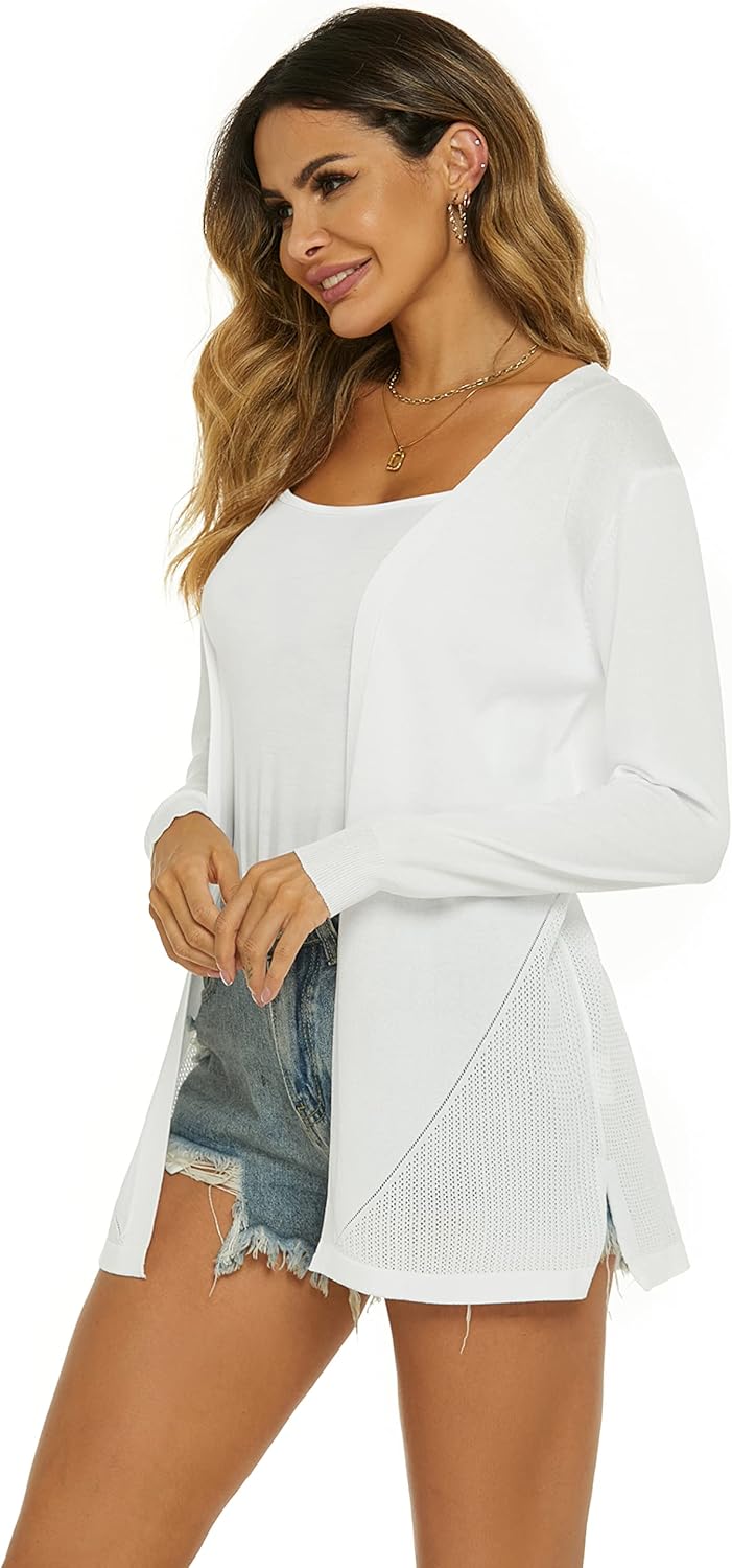 Damen Strickjacke Sommer Cardigan Elegant Lang Jacke Leichte Langarm Offene Strickjacke Sommerjacke
