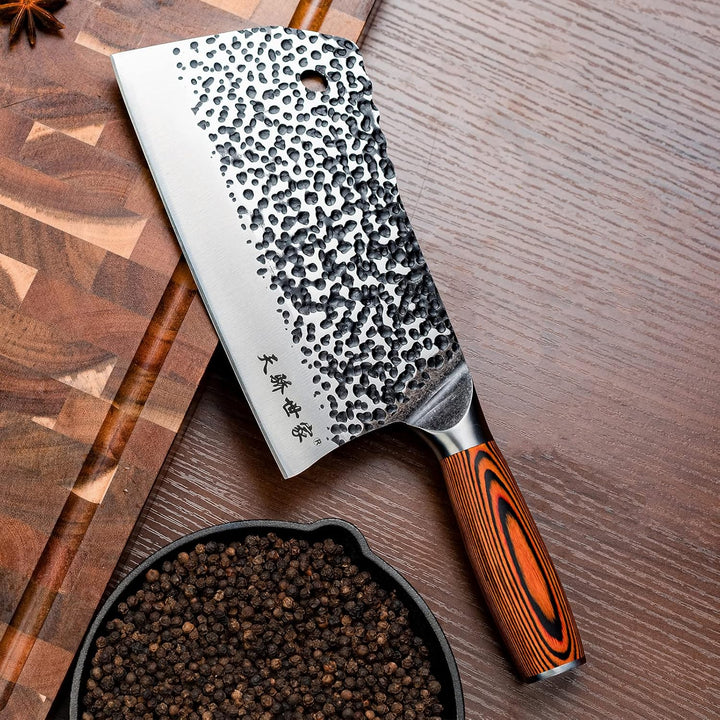 TJ POP Hackmesser Chinesisches Kochmesser Professionelles 19.4cm, Scharfer Full-Tang Fleischerbeil,