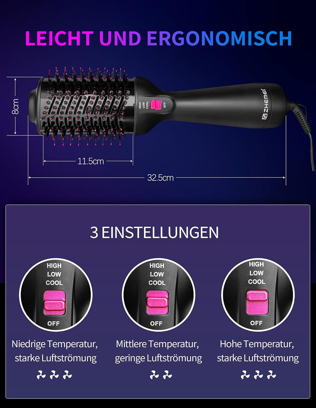 1300W Warmluftbürste, 4-in-1 Föhnbürste mit Antifrizz-Effekt, Keramik-Titan-Zylinder – Salon-Heisslu