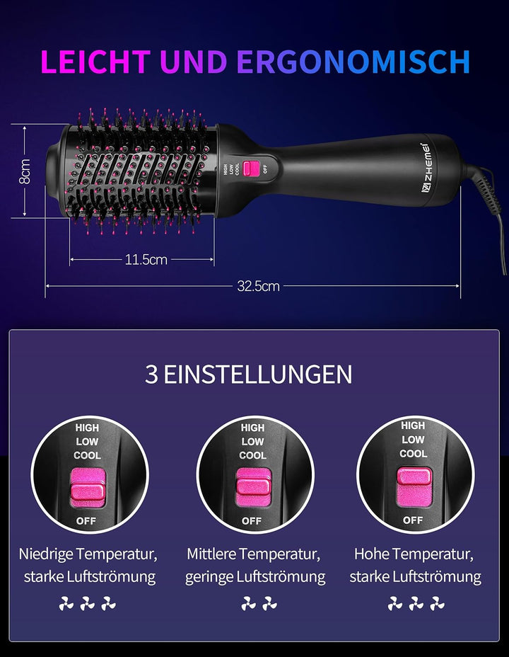 1300W Warmluftbürste, 4-in-1 Föhnbürste mit Antifrizz-Effekt, Keramik-Titan-Zylinder – Salon-Heisslu