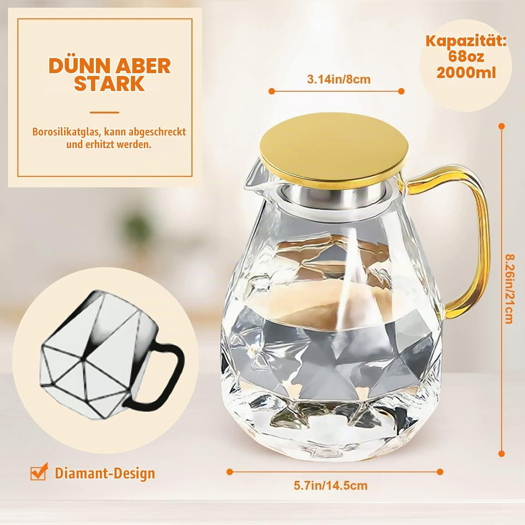 DUJUST Glaskaraffe mit goldenem Deckel 2 Liter, Wasserkaraffe im Modernen Diamant Design, Glaskrug m
