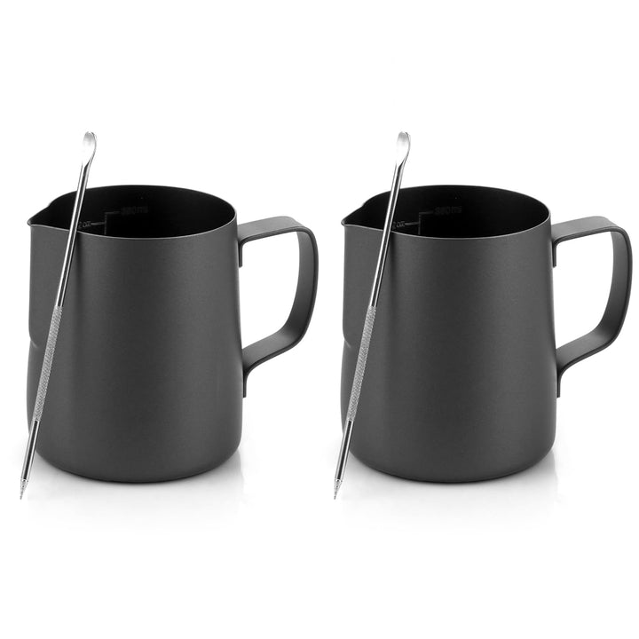MIVIDE 2 Stück 350ml Milchkännchen Edelstahl Kit, Milchkanne Schwarz mit Messung Mark und Latte Art
