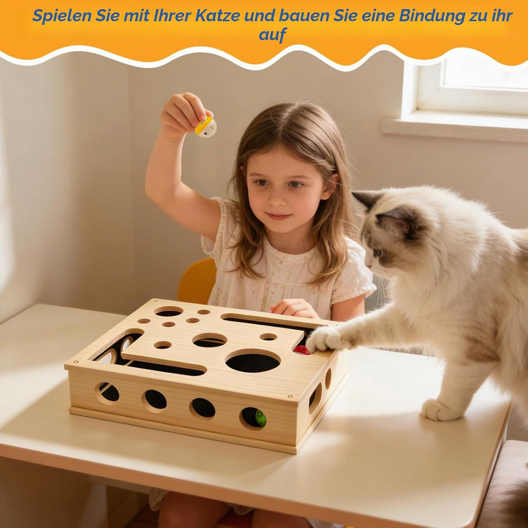Beschäftigungsbox Katzen, Kratzpuzzle Spielbox Holz Katzens, Interaktives Spielzeug Katzens mit Bäll