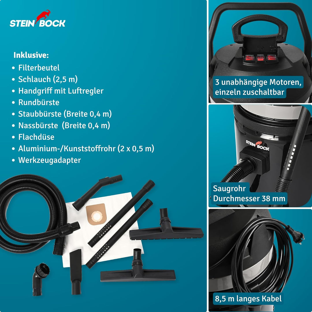 Steinbock Industriesauger nass & trocken| 3.300 Watt | 72 l Fassungsvermögen | mit 3 leistungsstarke