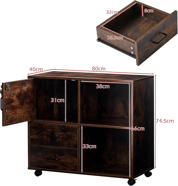 TUKAILAI Rollcontainer, Mobile Aktenschränke, Aktenschrank mit 2 Schublade 2 Regal, Büroschrank mit