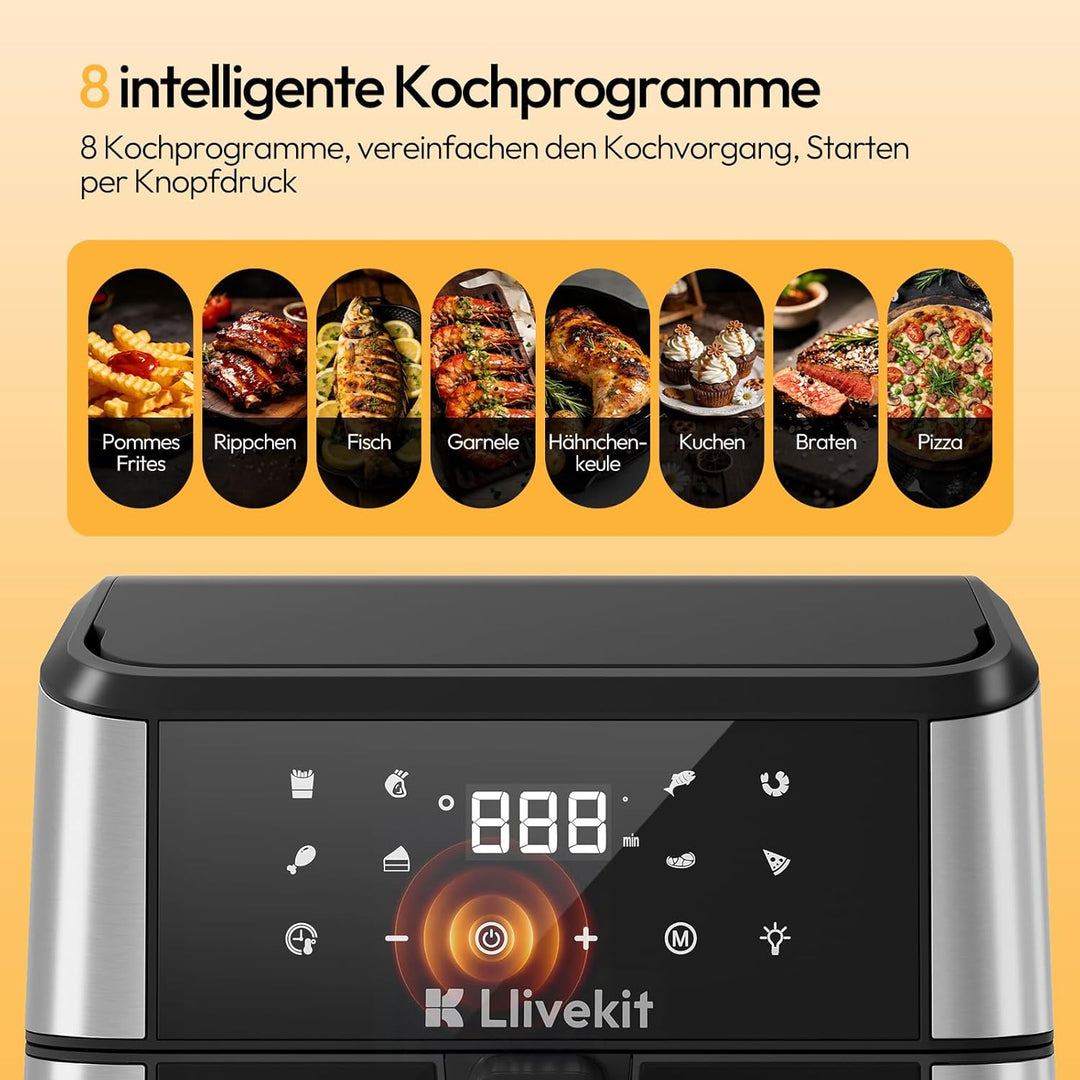 LLIVEKIT Heissluftfritteuse XXL 8,5L mit Doppelheizquelle, Airfryer mit 360° Heissluftzirkulation, 9