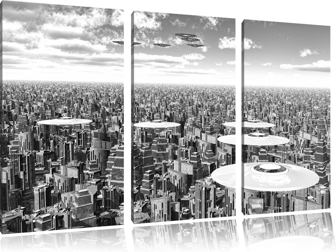 Pixxprint UFO´s über der Stadt Kunst B&W 3-Teiler Leinwandbild 120x80 Bild auf Leinwand