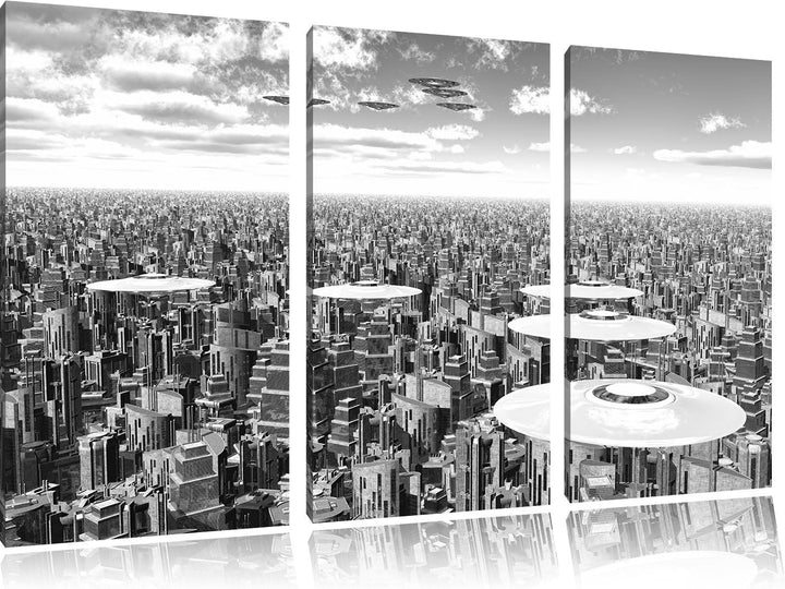 Pixxprint UFO´s über der Stadt Kunst B&W 3-Teiler Leinwandbild 120x80 Bild auf Leinwand