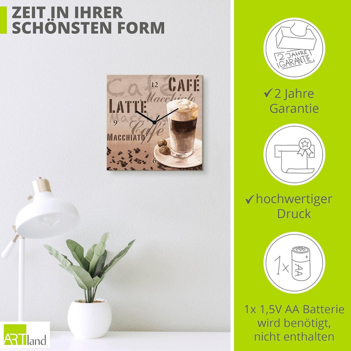 ARTLAND Wanduhr ohne Tickgeräusche Leinwand Funkuhr 30x30 cm Quadratisch Lautlos Kaffee Coffee Cafe