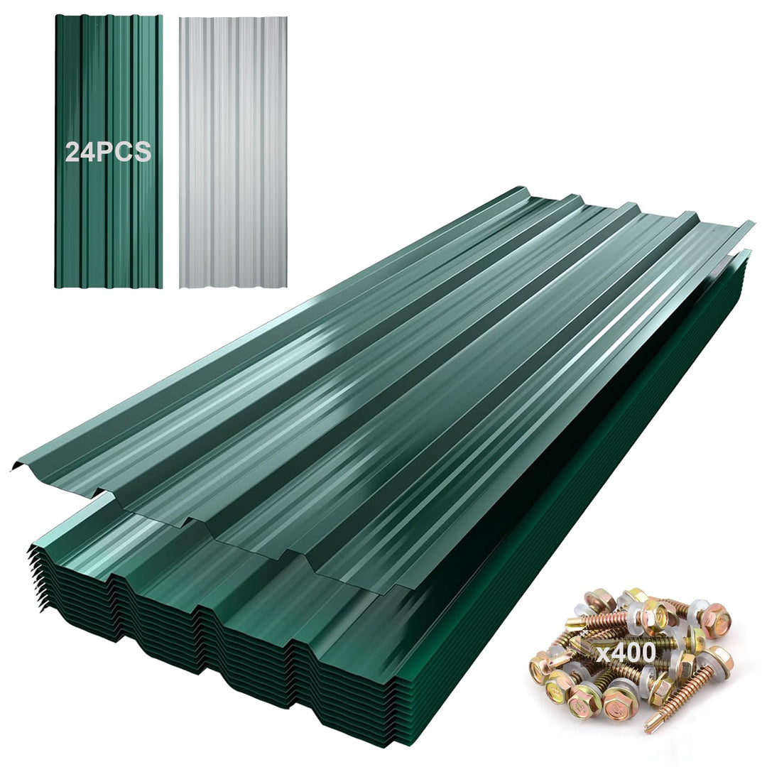 TEOV 24 Stück Trapezblech Dachplatten 115x45CM mit 400 Schraube, Verzinkt Metall Dachplatten Wellble