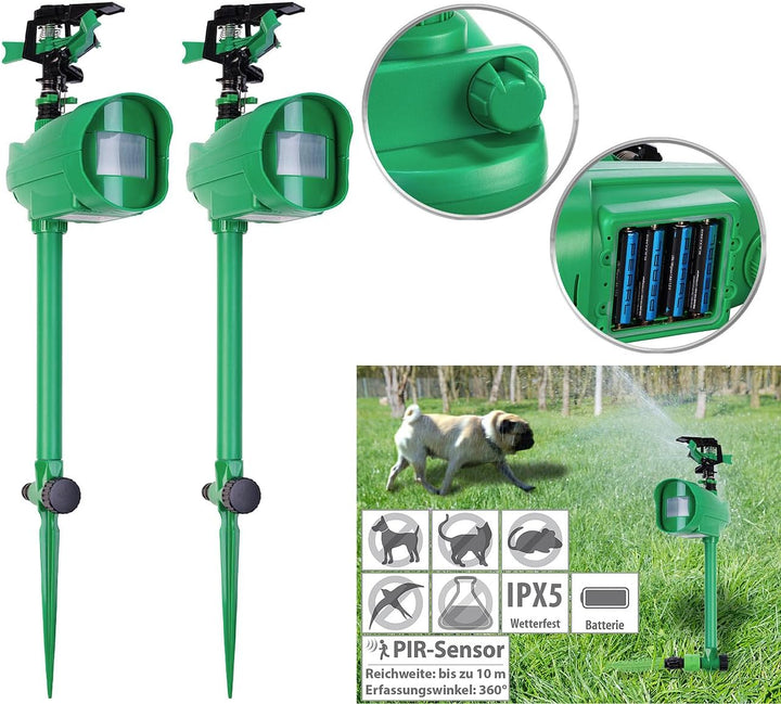Royal Gardineer Katzen-Abwehr: 2er-Set Wasserstrahl-Tierschreck, PIR-Sensor, Batteriebetrieb, 120 m²