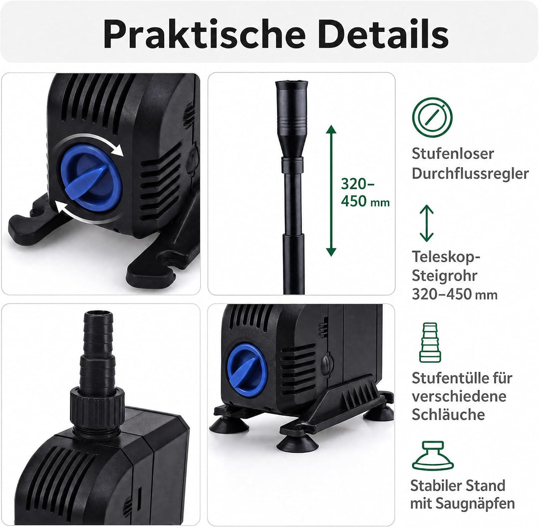 AquaOne Teichfontäne HJ 603 I Multifunktions Unterwasser Pumpe mit Fontäne 600 L/h I Springbrunnenpu