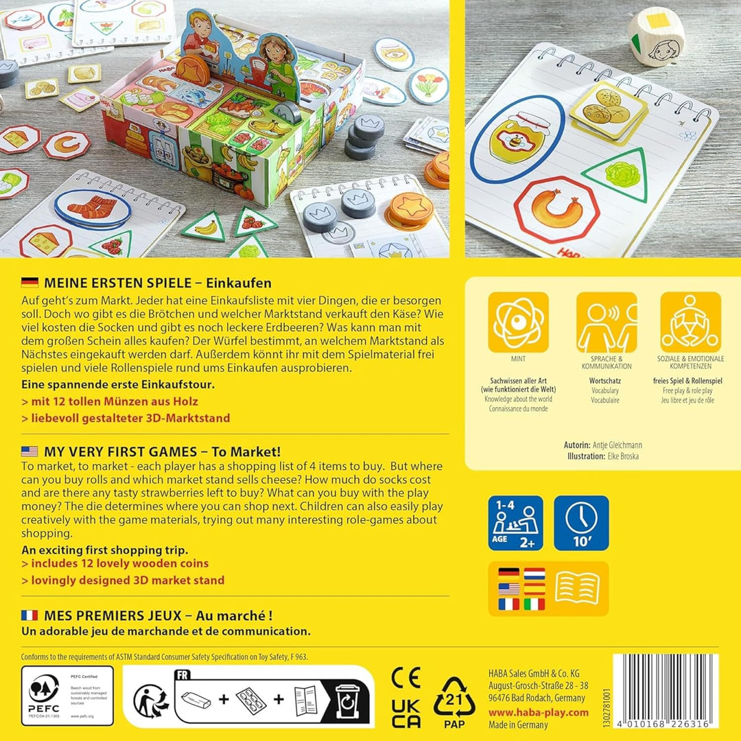HABA Meine ersten Spiele – Einkaufen – Spiel ab 2 Jahren mit 3D-Marktstand, Holz-Spielgeld & Einkauf