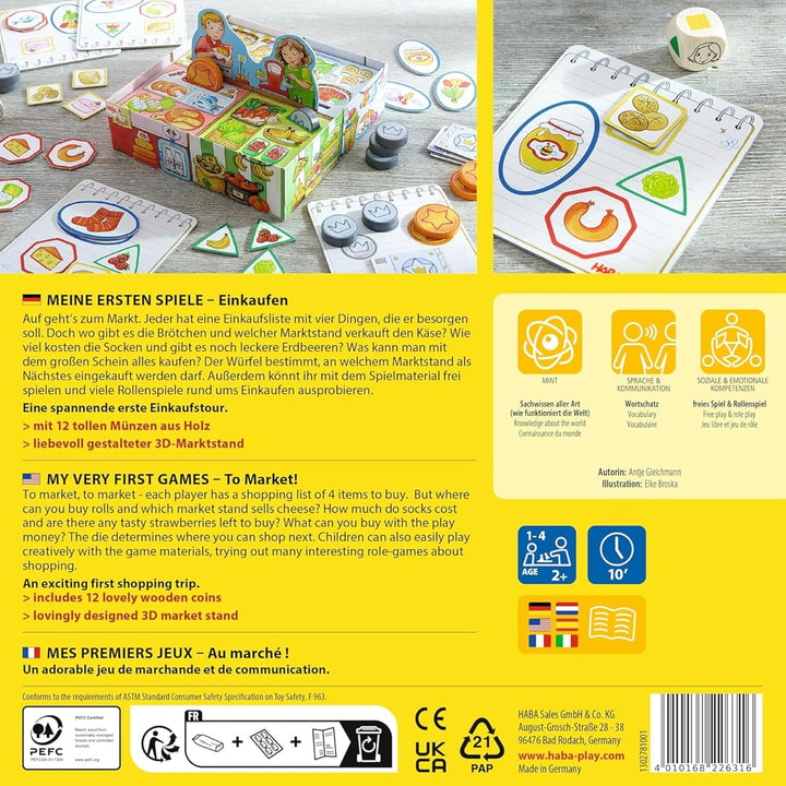 HABA Meine ersten Spiele – Einkaufen – Spiel ab 2 Jahren mit 3D-Marktstand, Holz-Spielgeld & Einkauf
