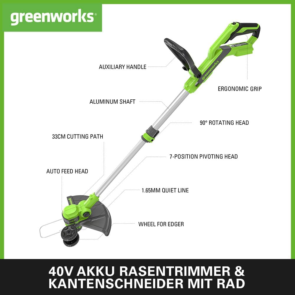 Greenworks 40V Akku Rasentrimmer & Kantenschneider mit Rad für klein-mittelgrosse Gärten, 33m Schnit