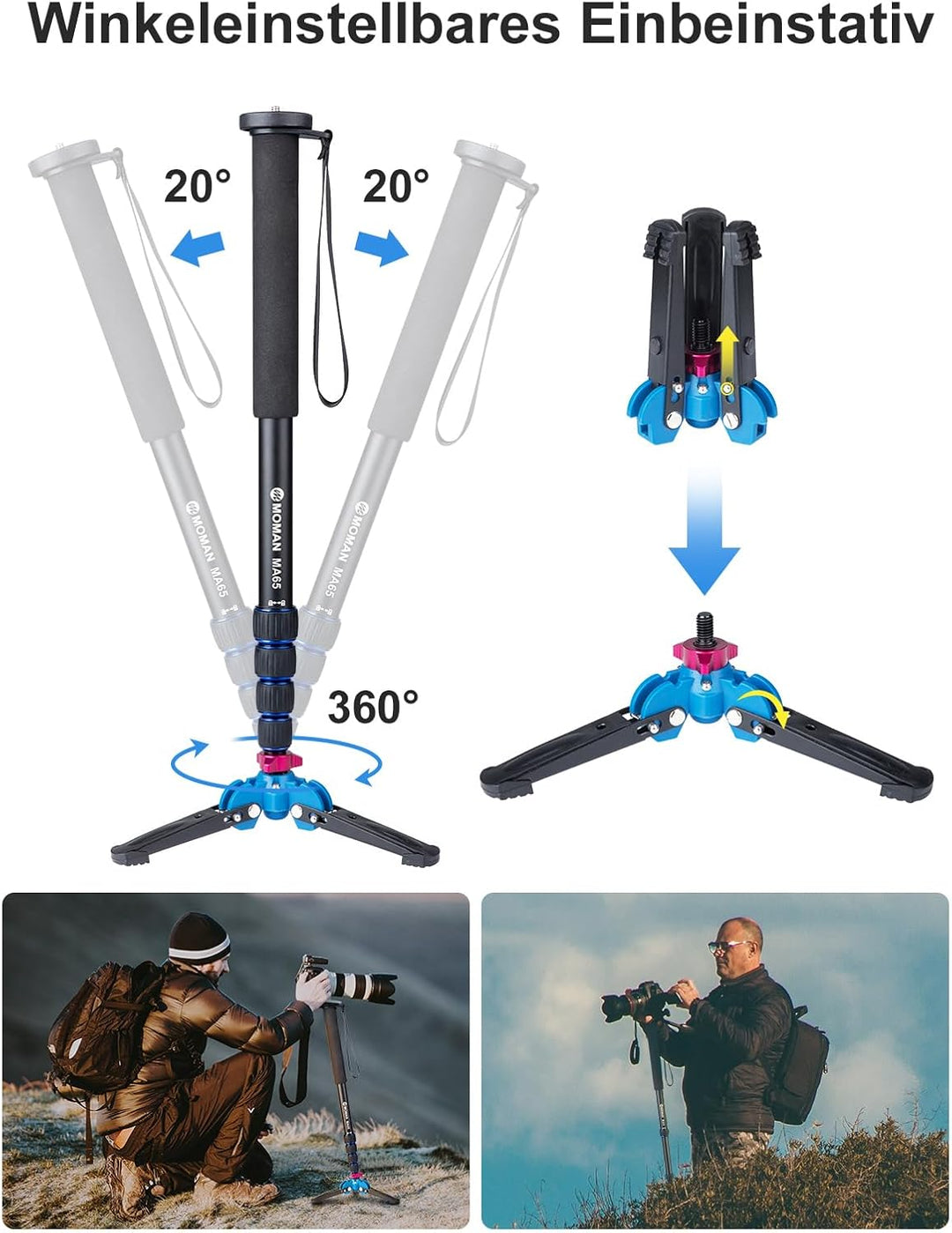 Moman Einbeinstativ Kamera Stativ Einbein Reisestativ mit Standspinne, DSLR Monopod Wanderstock, 0,6