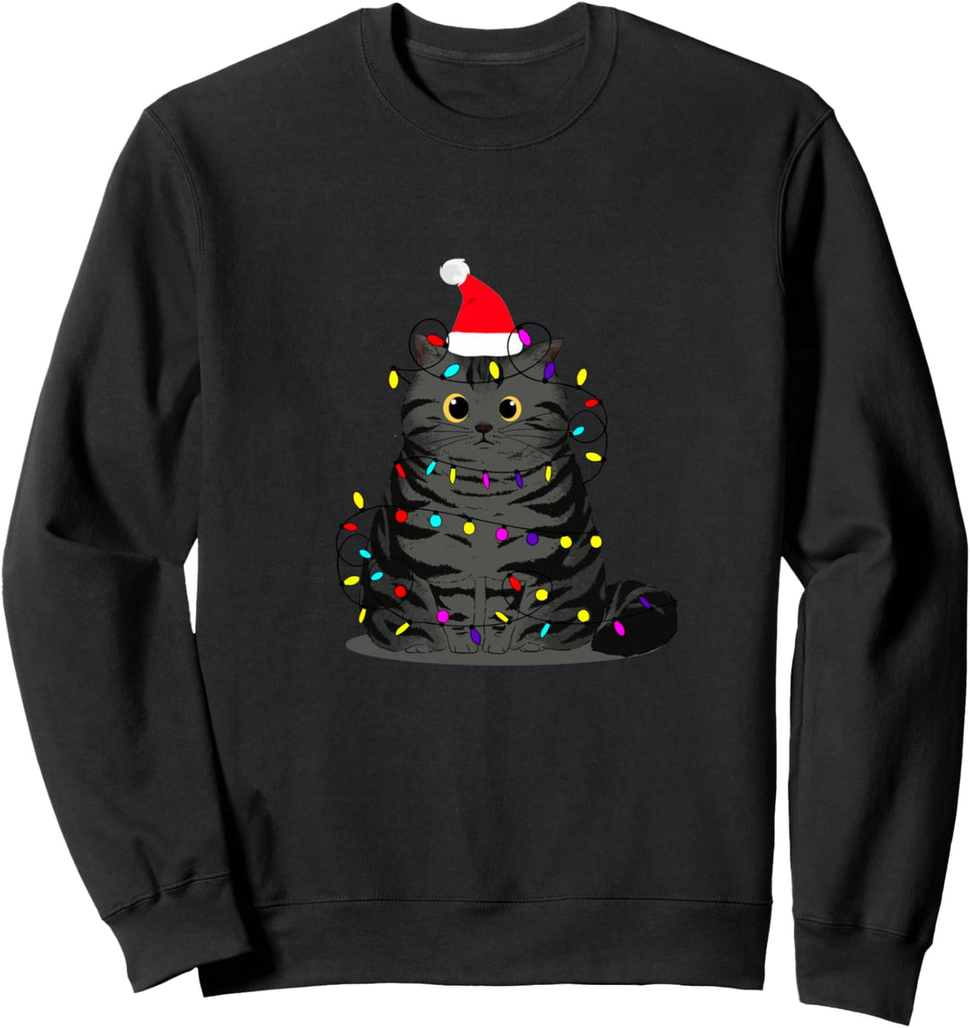 Tollpatschige Katze - bunte Lichterkette und Weihnachtsmütze Sweatshirt
