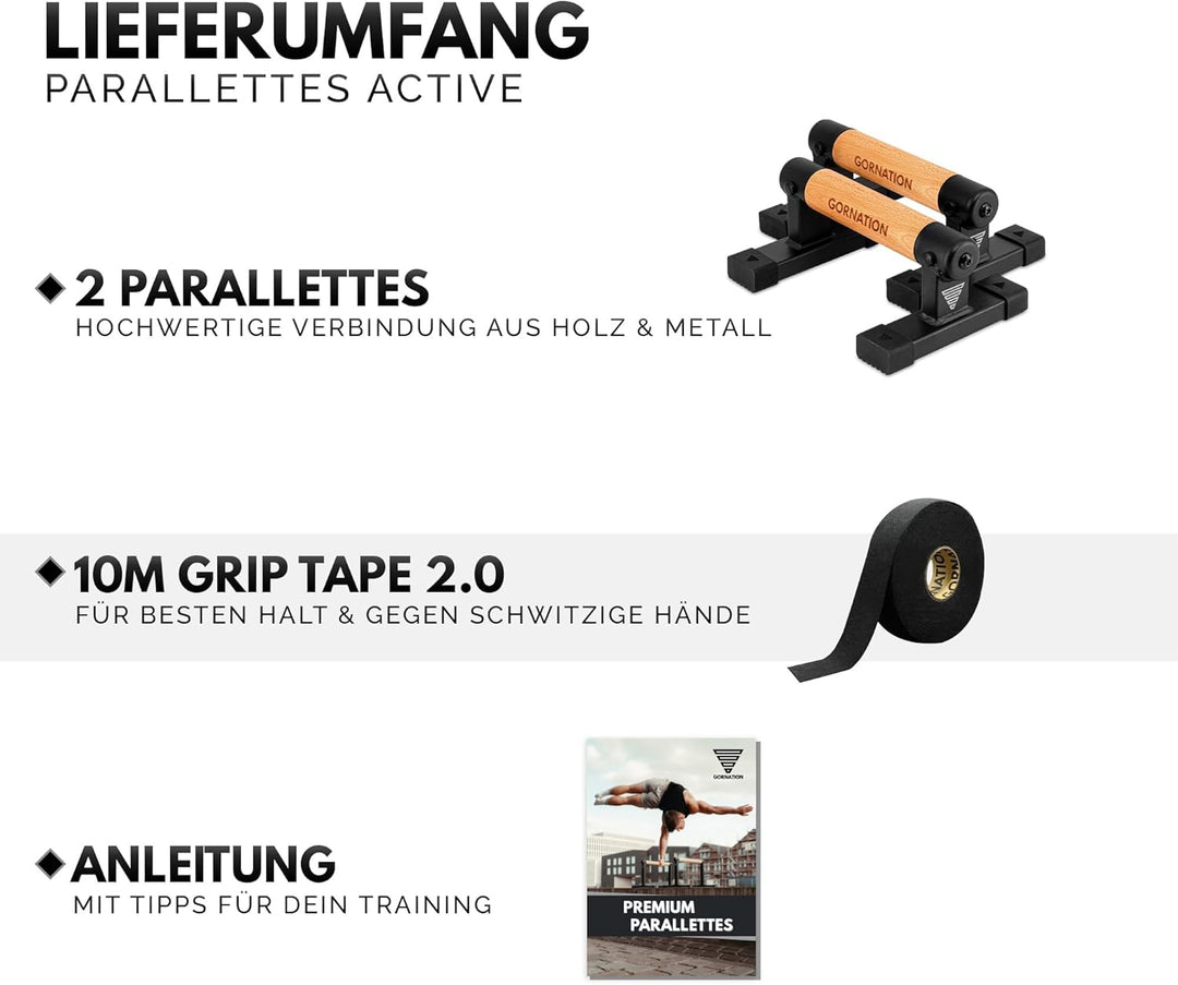 GORNATION Parallettes, inkl. Grip Tape, Calisthenics Equipment für Handstand & Push Ups, Liegestützg