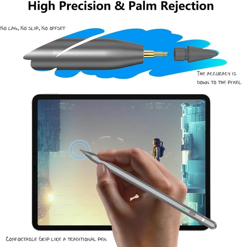 KIROSA Stift für iPad 2018-2023, iPad Stift mit USB-C Schnellladung, Neigung &amp; Handflächenabweisung,