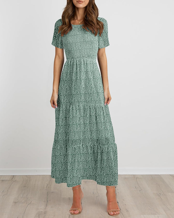 BTFBM Lässiges Sommerkleid für Damen, kurzärmelig, mit Rundhalsausschnitt, Boho-Stil, mit Blumendruc