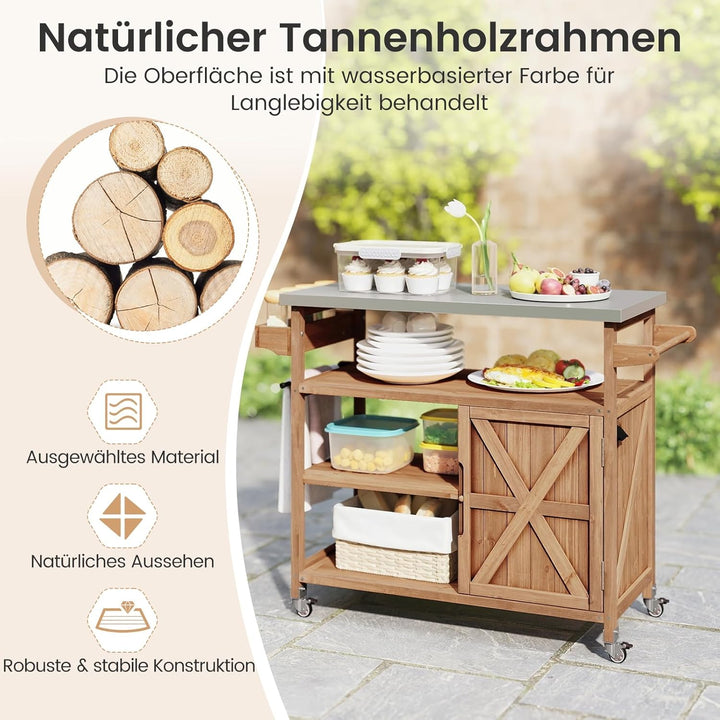 COSTWAY Grillwagen Outdoor, Servierwagen auf Rollen, Kücheninsel mit Edelstahl-Arbeitsplatte, Ablage